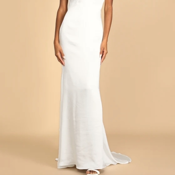 Lulu's forever type of love white stain mermaid silhouette wedding maxi dress - Picture 4 of 13